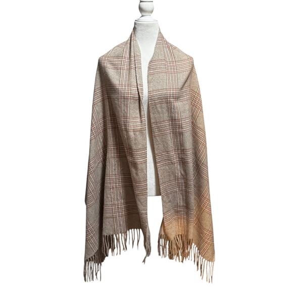 100% Cashmere Pashmina Plaid Wrap Oversized Scarf Taupe & Blush Check 72" x 29" - Picture 2 of 5